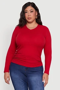 Womens Plus Size Long Sleeve V Neck Tee, Red, Size 3X