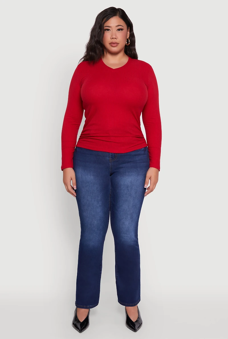 Womens Plus Size Long Sleeve V Neck Tee, Red, Size 3X