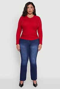 Womens Plus Size Long Sleeve V Neck Tee, Red, Size 3X