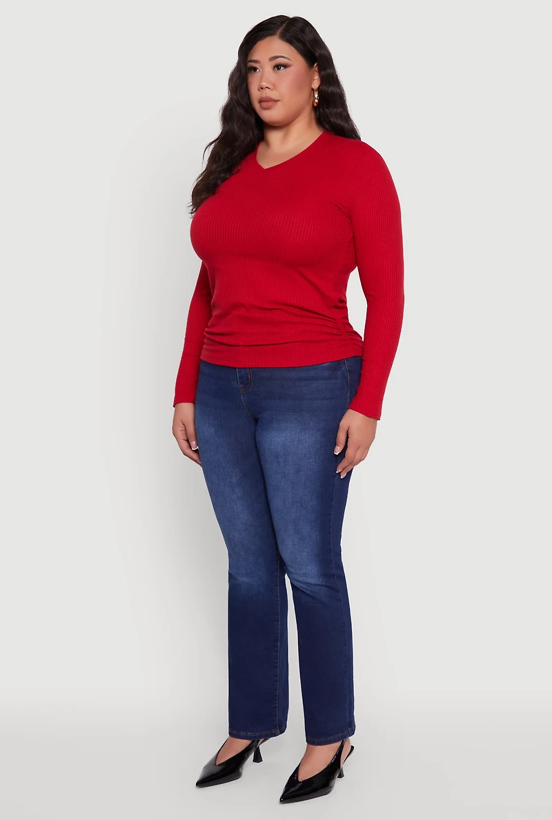 Womens Plus Size Long Sleeve V Neck Tee, Red, Size 3X