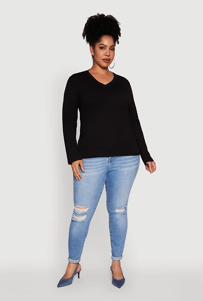 Womens Plus Basic V Neck Long Sleeve T-Shirt,