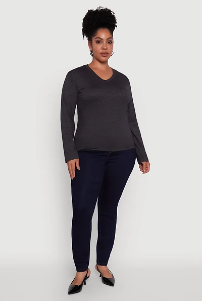 Womens Plus Basic V Neck Long Sleeve T-Shirt,
