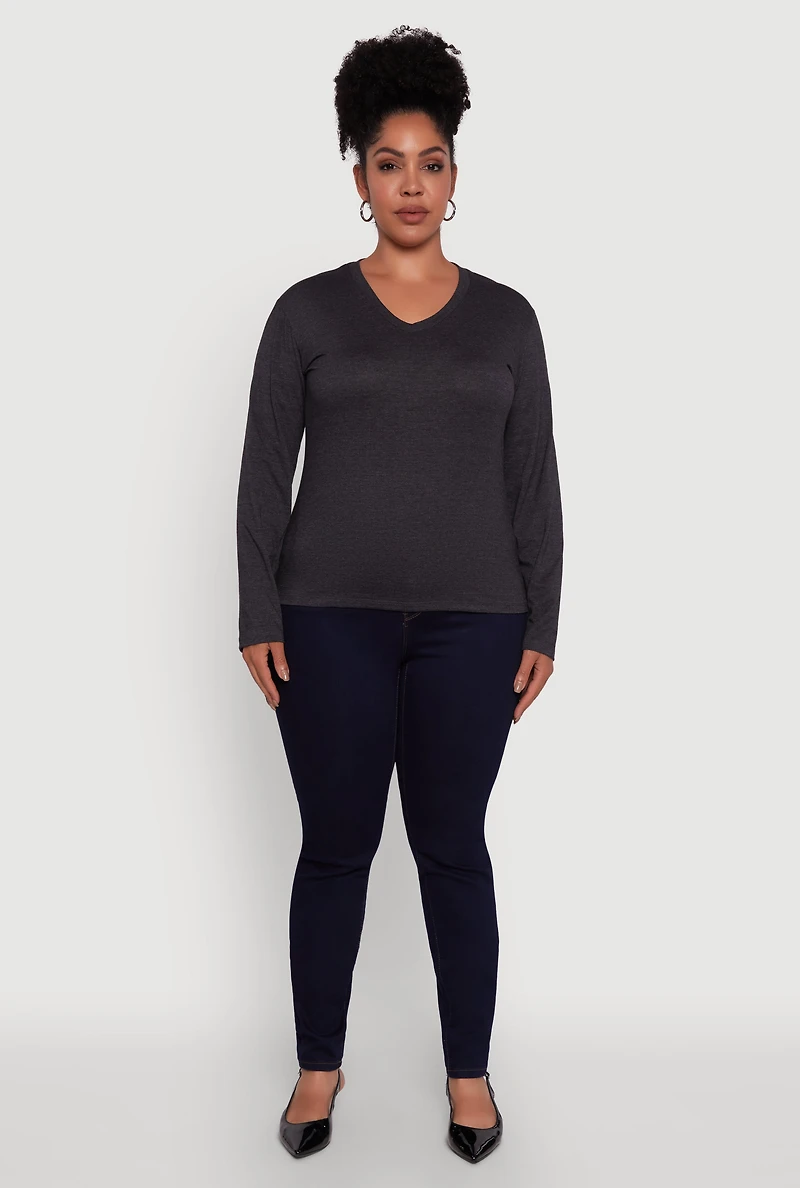 Plus Basic V Neck Long Sleeve T-Shirt