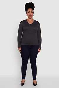 Plus Basic V Neck Long Sleeve T-Shirt