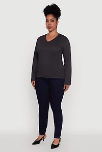 Plus Basic V Neck Long Sleeve T-Shirt