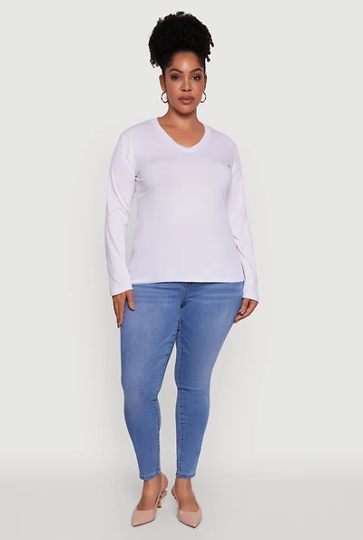 Plus Basic V Neck Long Sleeve T-Shirt