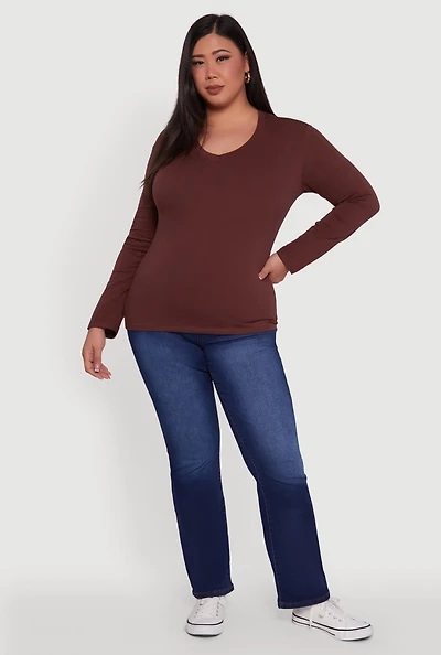 Plus Basic V Neck Long Sleeve T-Shirt