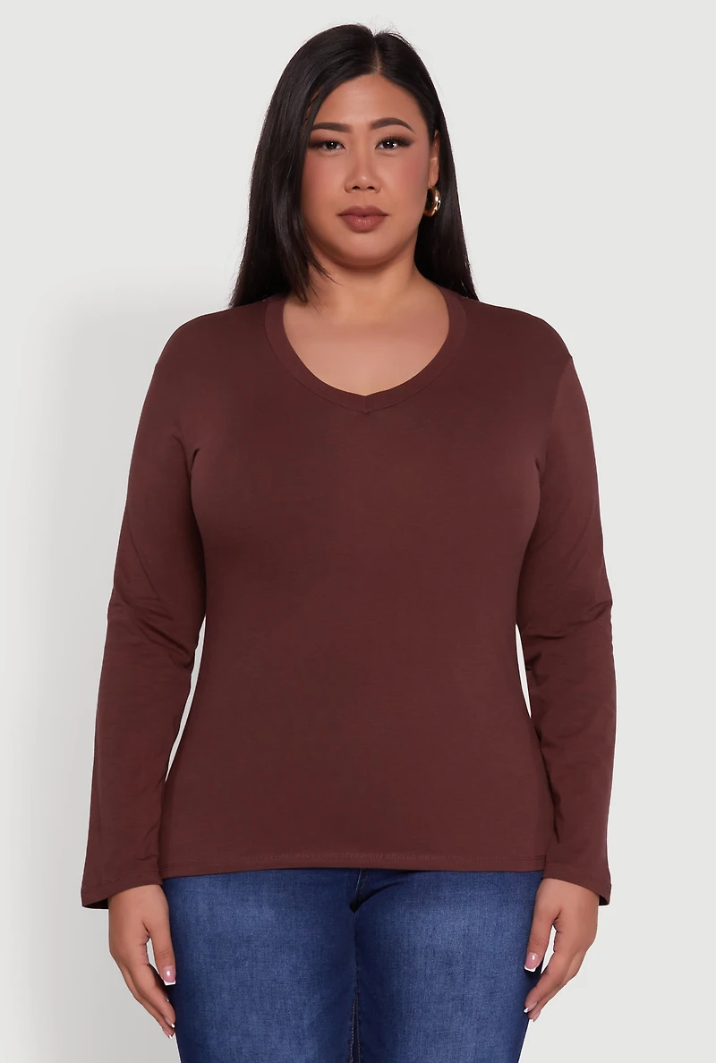 Plus Basic V Neck Long Sleeve T-Shirt