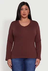 Plus Basic V Neck Long Sleeve T-Shirt