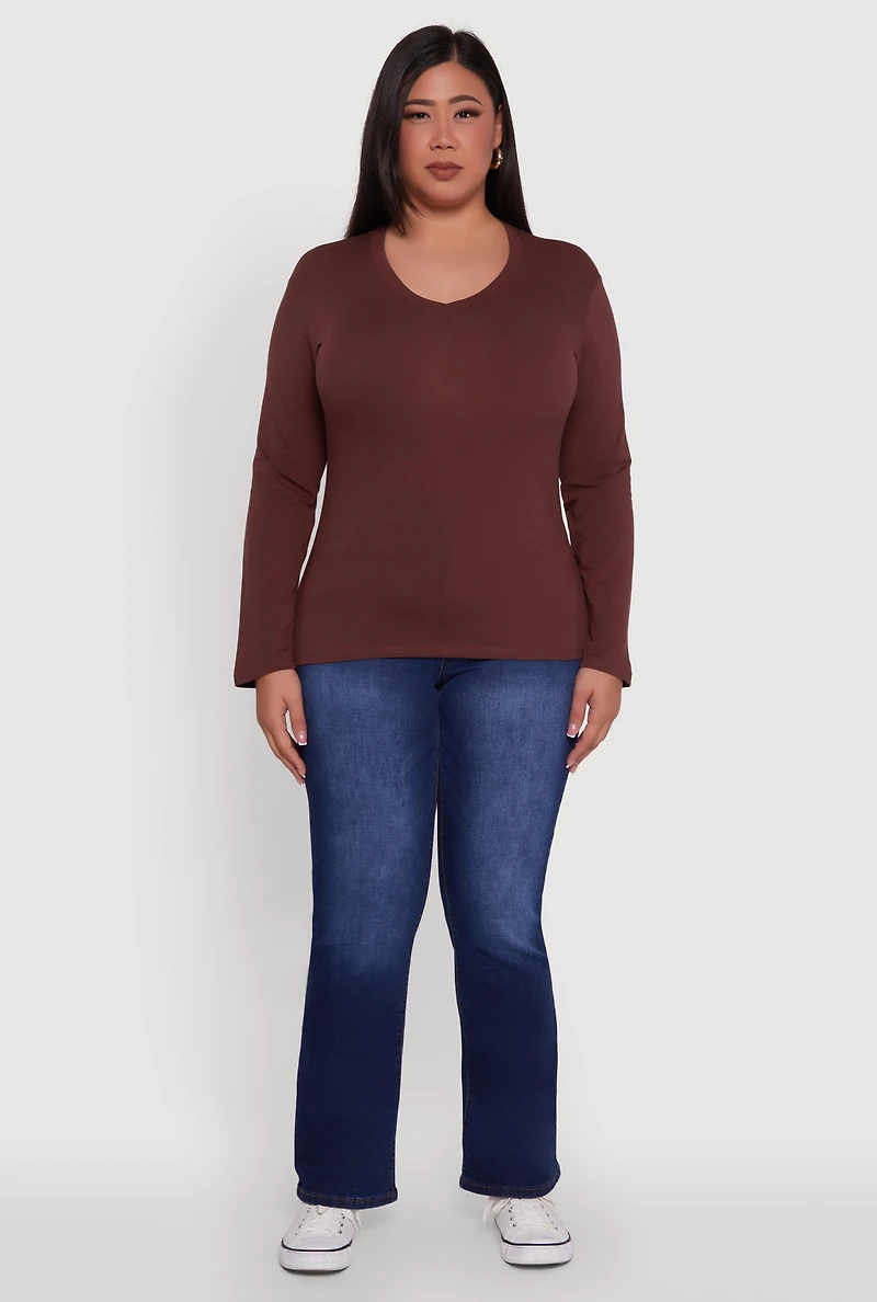Plus Basic V Neck Long Sleeve T-Shirt