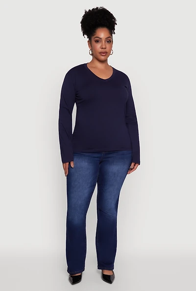 Womens Plus Basic V Neck Long Sleeve T-Shirt,