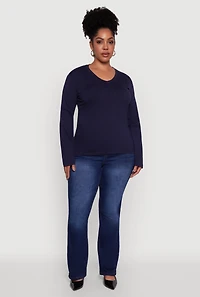 Womens Plus Basic V Neck Long Sleeve T-Shirt,