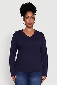 Womens Plus Basic V Neck Long Sleeve T-Shirt,