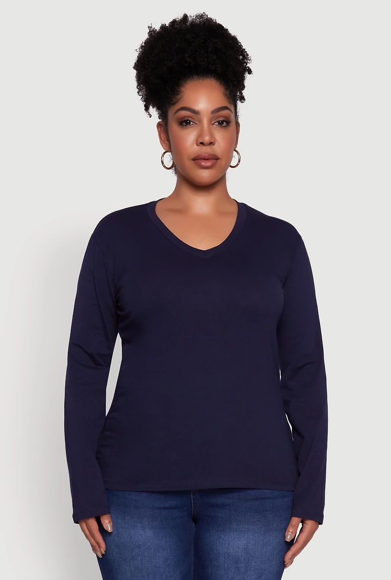 Womens Plus Basic V Neck Long Sleeve T-Shirt, 1X