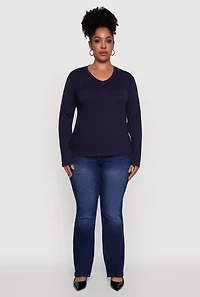 Womens Plus Basic V Neck Long Sleeve T-Shirt,