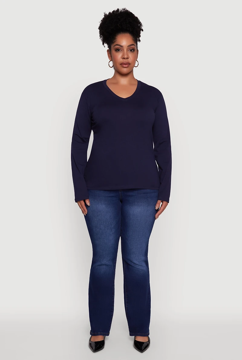 Womens Plus Basic V Neck Long Sleeve T-Shirt, 1X