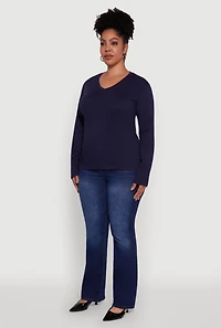 Womens Plus Basic V Neck Long Sleeve T-Shirt,