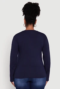 Womens Plus Basic V Neck Long Sleeve T-Shirt,