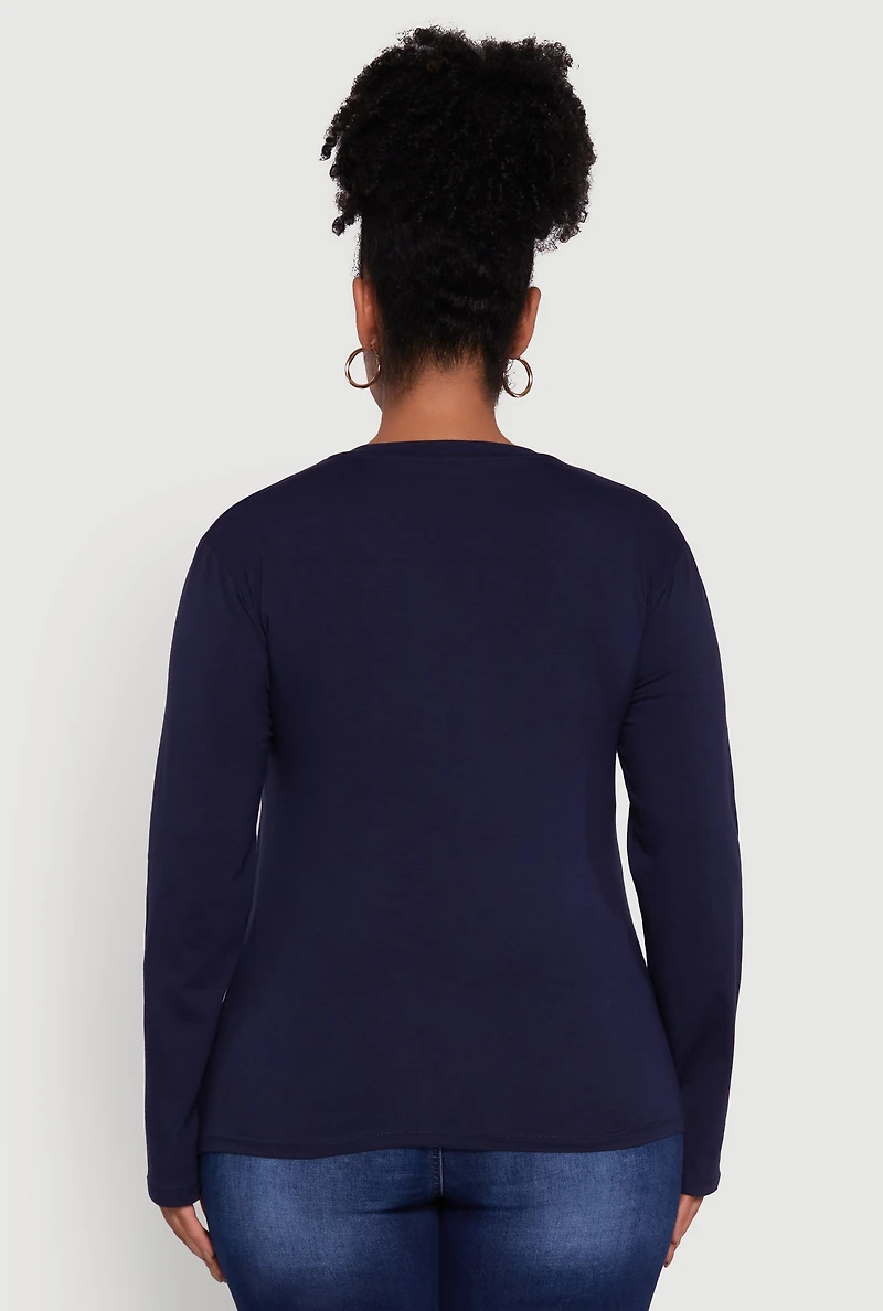Womens Plus Basic V Neck Long Sleeve T-Shirt, 1X