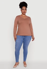 Womens Plus Size Basic V Neck Long Sleeve T-Shirt, Brown, Size 1X