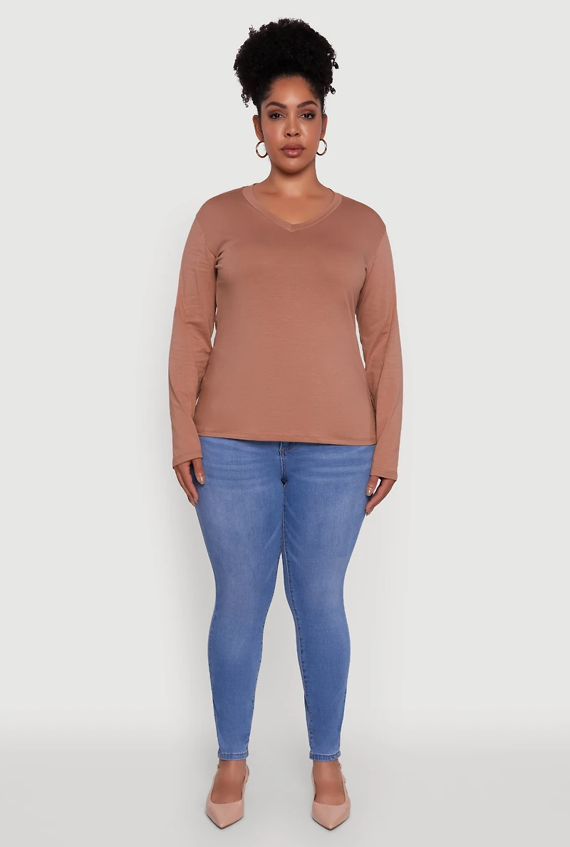 Womens Plus Size Basic V Neck Long Sleeve T-Shirt, Brown, Size 1X