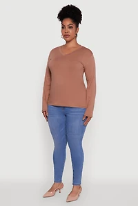Womens Plus Size Basic V Neck Long Sleeve T-Shirt, Brown, Size 1X