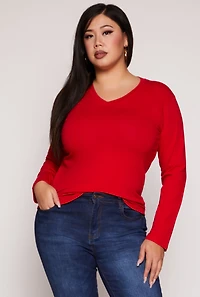 Plus Long Sleeve V Neck T Shirt