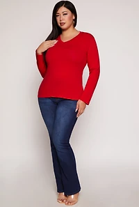 Plus Long Sleeve V Neck T Shirt