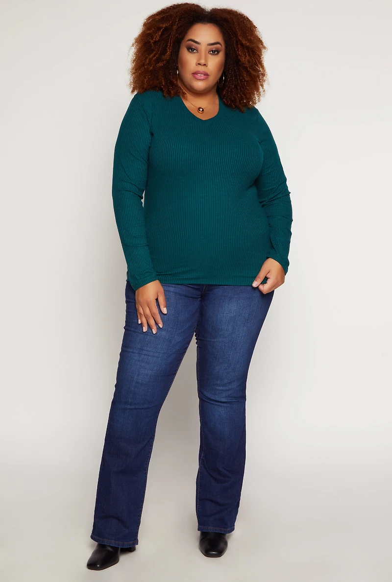 Plus Rib Knit V Neck Long Sleeve Top