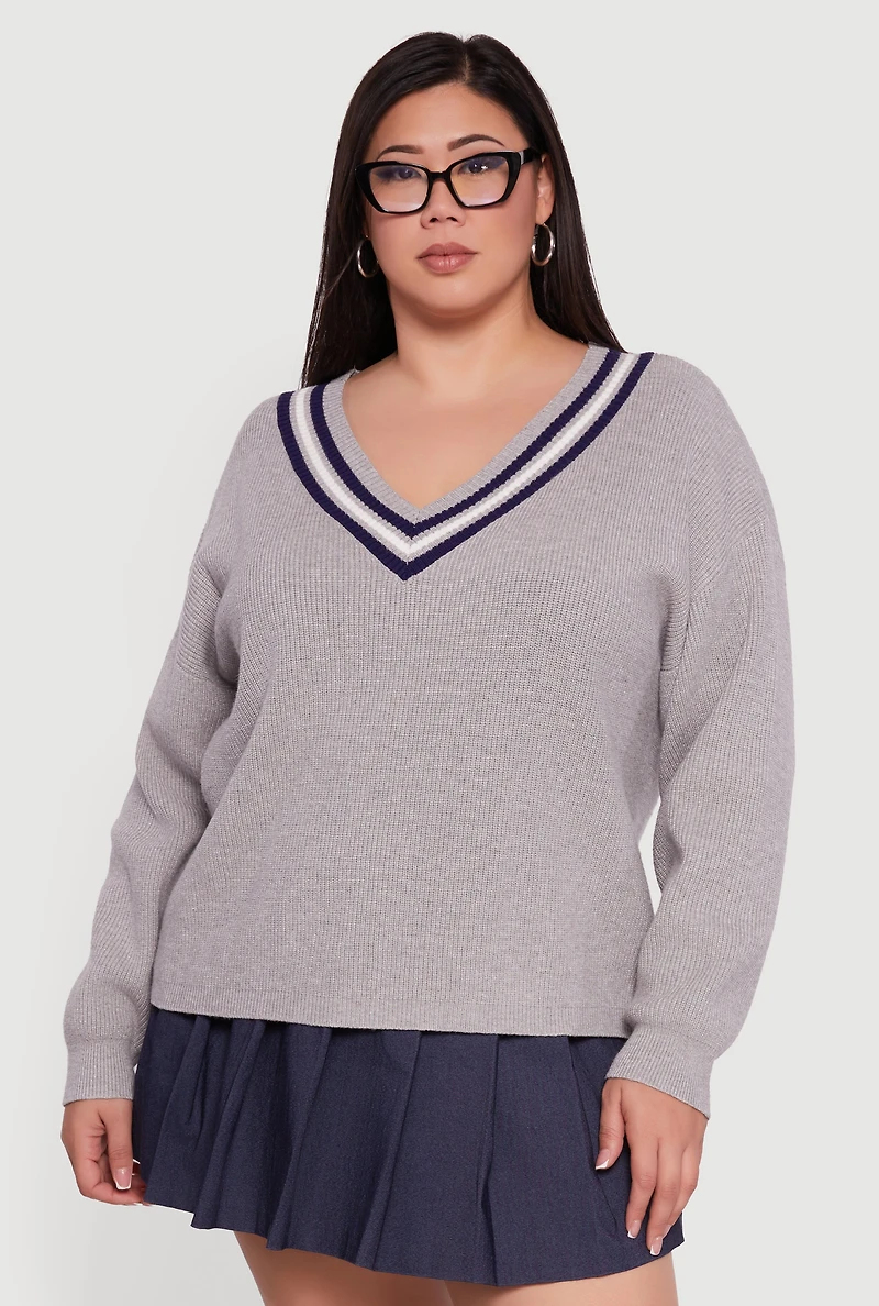 Womens Plus Oversized Varsity Stripe V Neck Sweater,