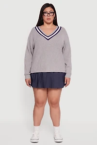Womens Plus Oversized Varsity Stripe V Neck Sweater,