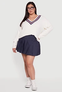 Plus Oversized Varsity Stripe V Neck Sweater
