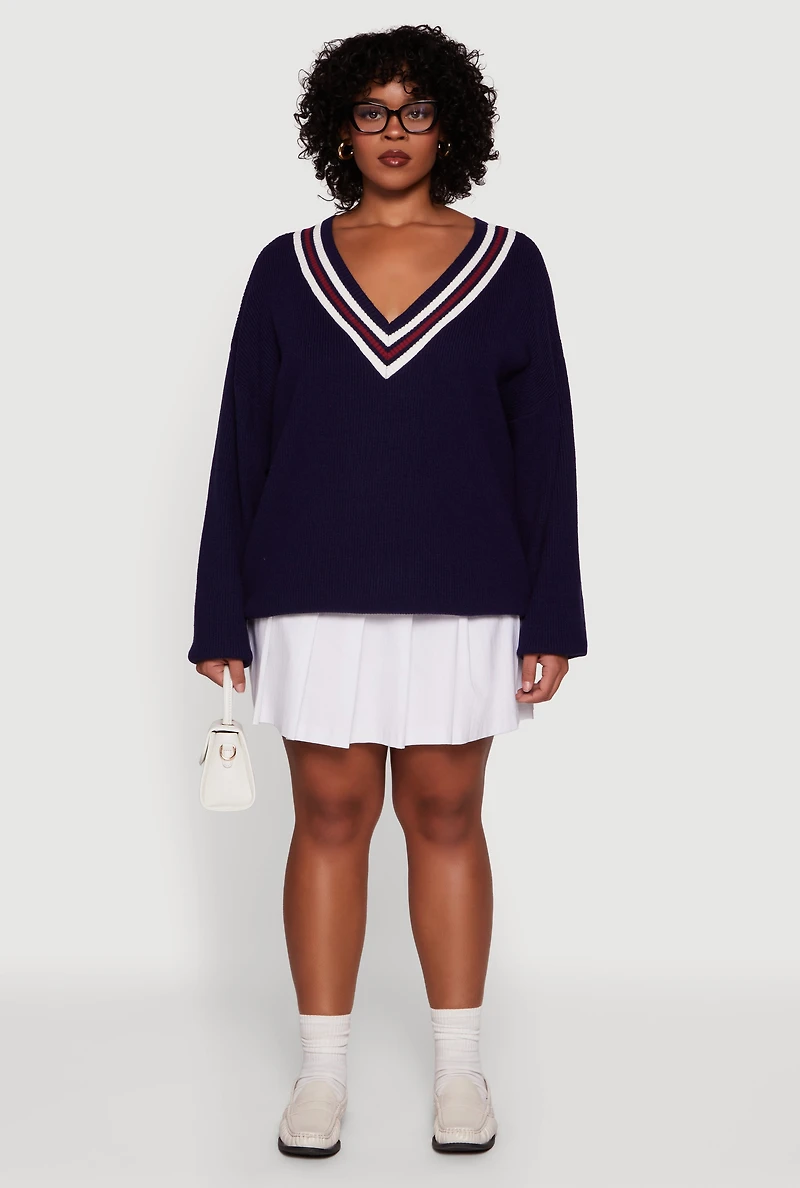 Plus Oversized Varsity Stripe V Neck Sweater