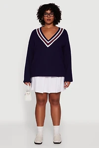 Plus Oversized Varsity Stripe V Neck Sweater