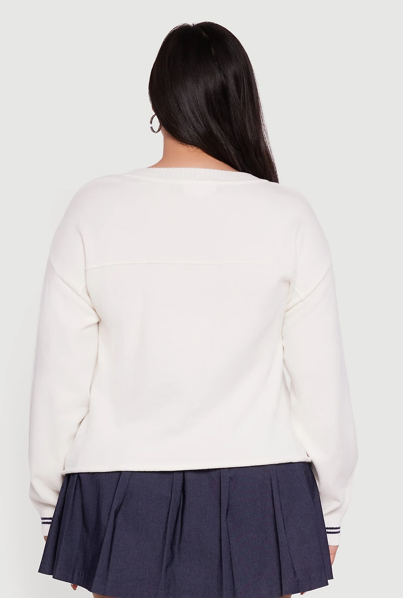 Womens Plus Size Ribbed Knit 06 Graphic Print Sweater, White, Size 1X