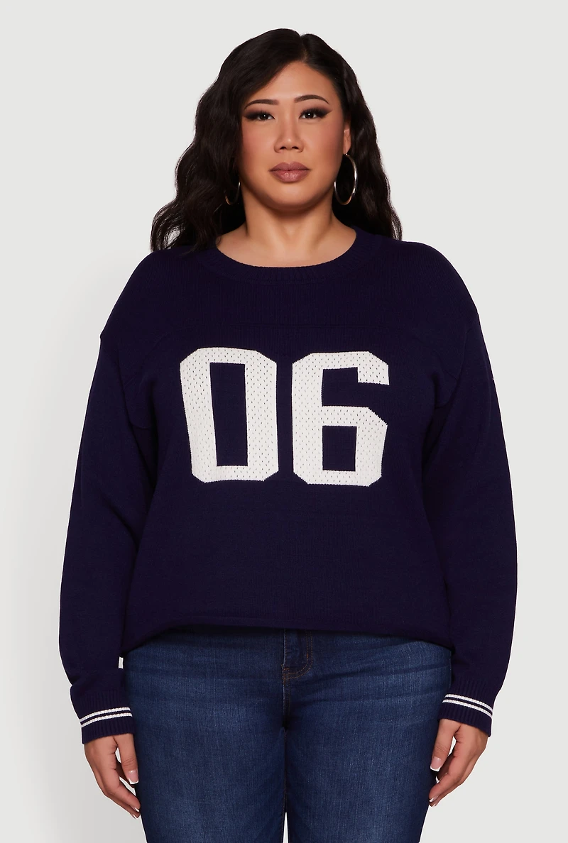 Womens Plus Size Ribbed Knit 06 Graphic Print Sweater, Blue, Size 1X