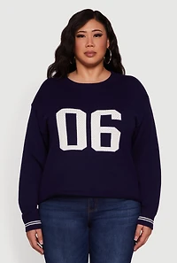 Womens Plus Size Ribbed Knit 06 Graphic Print Sweater, Blue, Size 1X