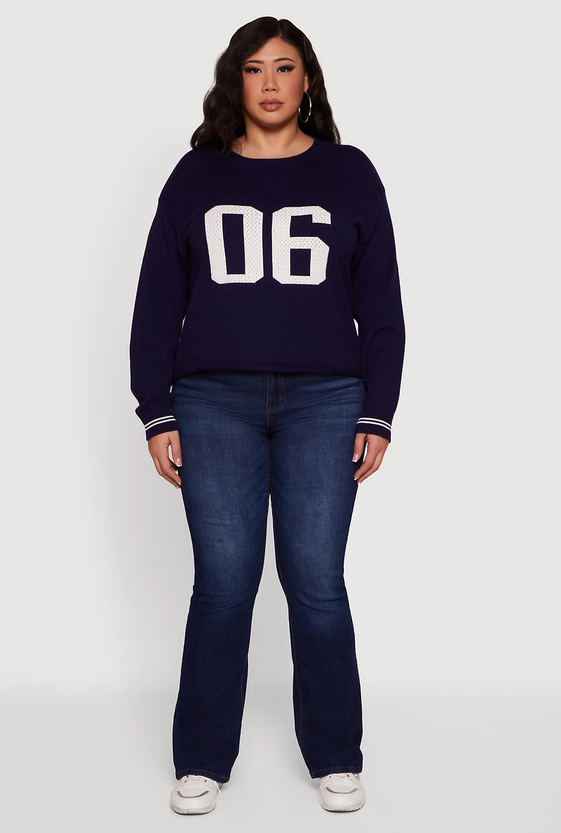 Womens Plus Size Ribbed Knit 06 Graphic Print Sweater, Blue, Size 1X