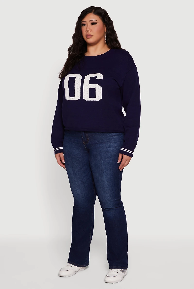 Womens Plus Size Ribbed Knit 06 Graphic Print Sweater, Blue, Size 1X