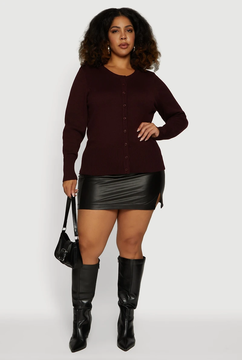 Plus Button Front Long Sleeve Cardigan