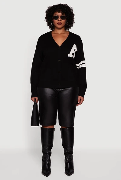 Plus A Initial Button Front Varsity Cardigan
