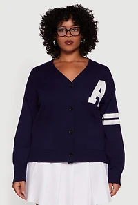 Womens Plus Size A Initial Button Front Varsity Cardigan, Blue, Size 3X