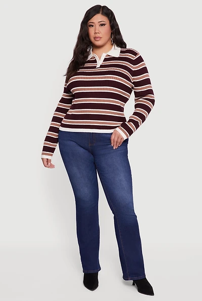 Plus Striped Rib Knit Polo Sweater