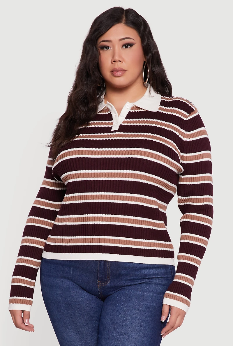 Plus Striped Rib Knit Polo Sweater