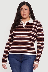 Plus Striped Rib Knit Polo Sweater