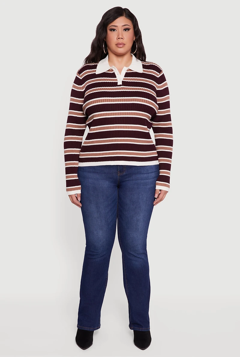 Plus Striped Rib Knit Polo Sweater