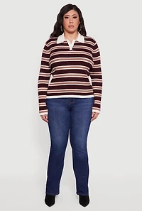 Plus Striped Rib Knit Polo Sweater