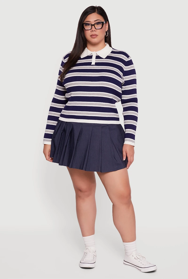 Plus Striped Rib Knit Polo Sweater