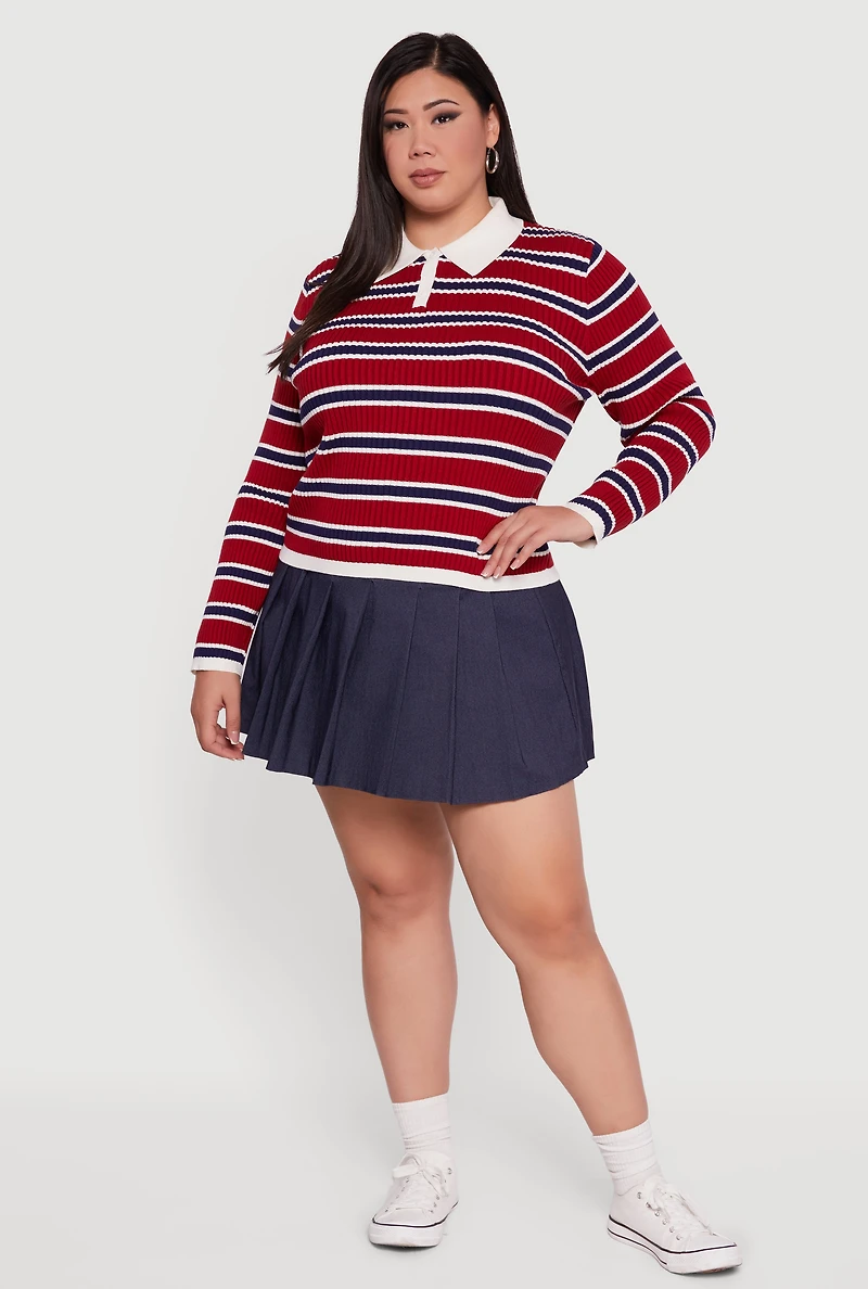 Womens Plus Striped Rib Knit Polo Sweater, Red,