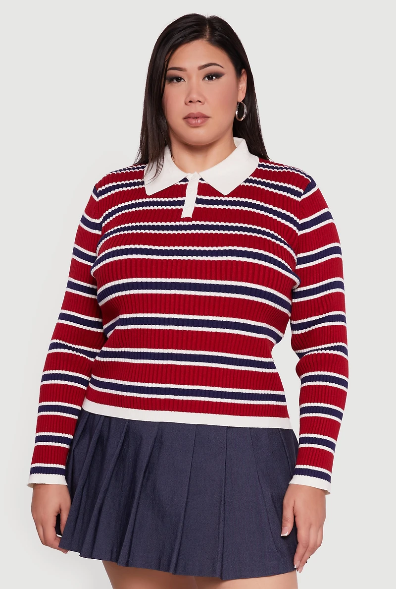 Womens Plus Striped Rib Knit Polo Sweater, Red,